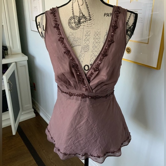 TED BAKER Silk Purple Mauve Beaded V-Neck Tie Back Sleeveless Blouse SZ Small - Picture 9 of 16